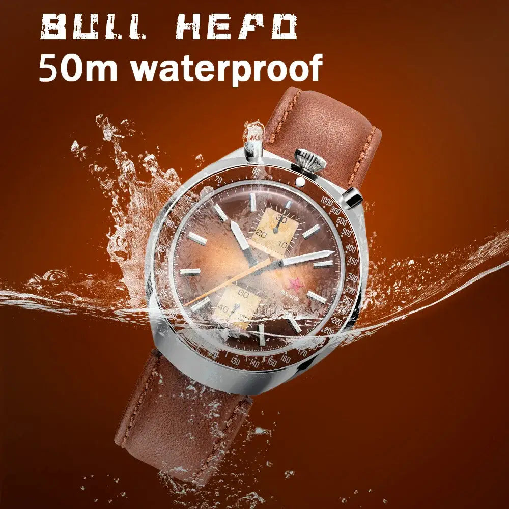 Red Star men’s water-resistant chronograph watch with brown dial, leather strap, and stainless steel case