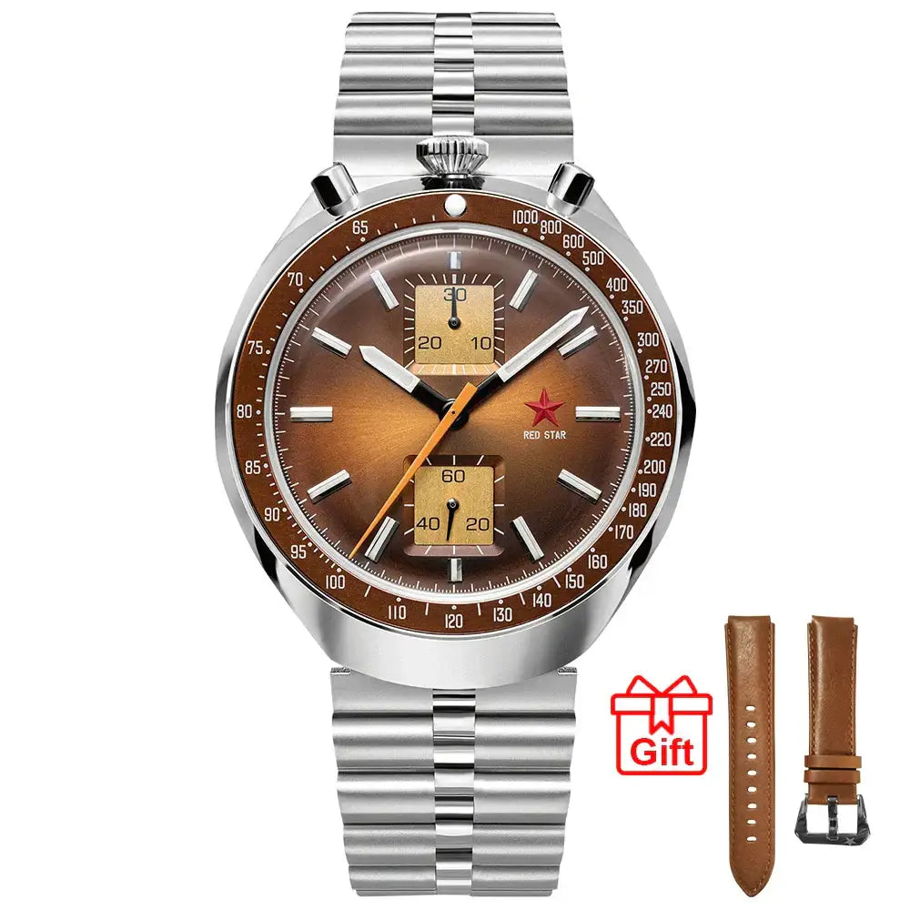 Red Star chronograph watch with stainless steel case, bull head design, and extra leather straps
