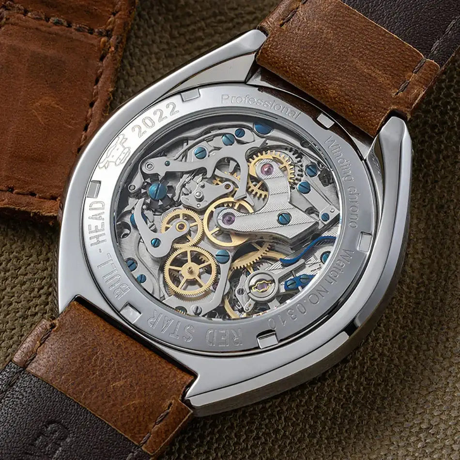 Red Star stainless steel mechanical wristwatch with brown leather strap and exhibition case back