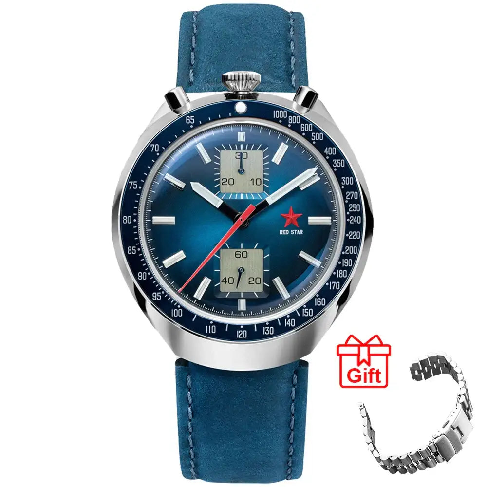 Red Star Chronograph Watch with Bull Head Logo, stainless steel bracelet, and blue leather strap