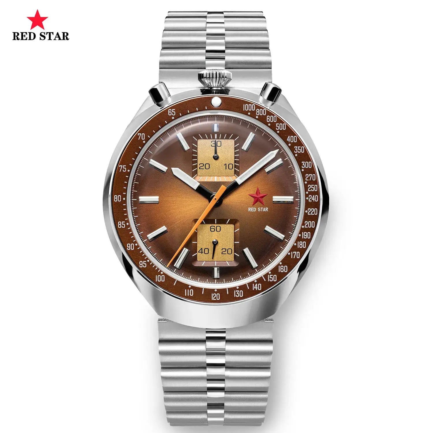 Silver-toned stainless steel chronograph watch with red star emblem and brown gradient dial