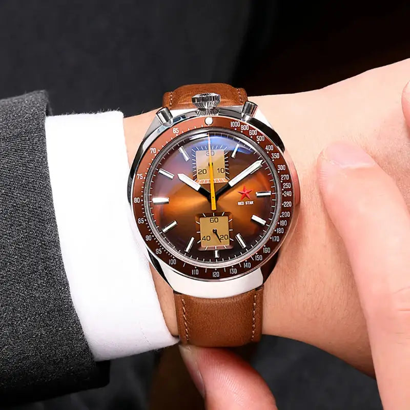 Red Star men’s stainless steel chronograph watch with brown dial and leather strap