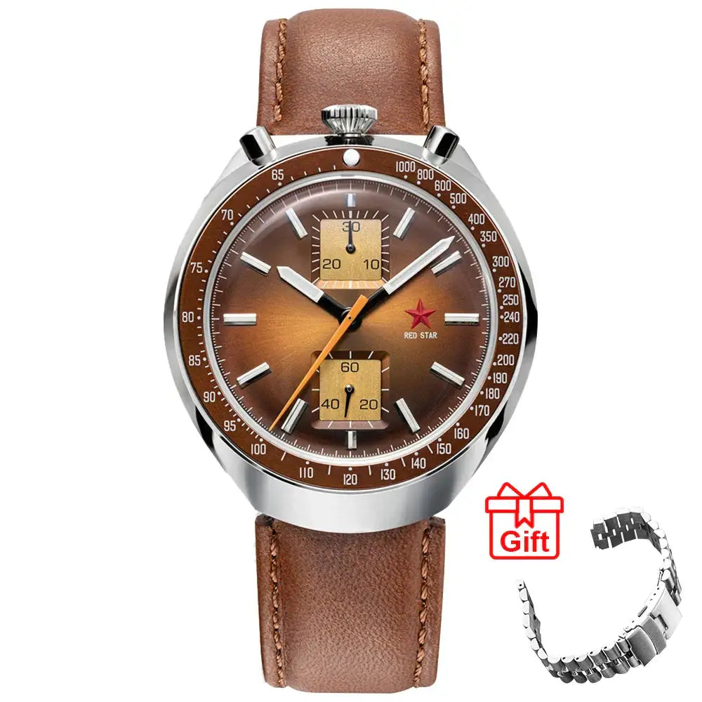 Red Star men’s stainless steel chronograph watch with brown leather strap and gift box