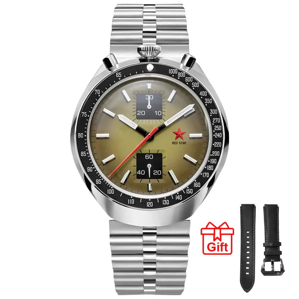 Red Star stainless steel chronograph watch with green dial, black straps, and luminous features