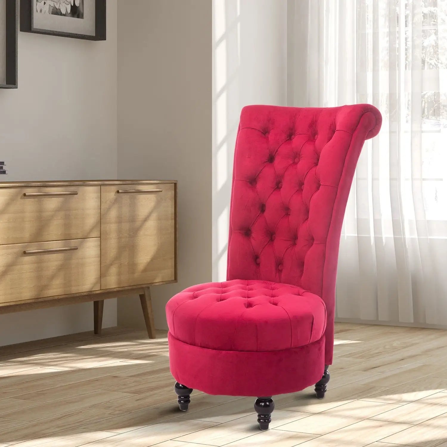 Red Tufted High Back Plush Velvet Upholstered Accent Low Profile Chair - Living Room > Accent Chairs