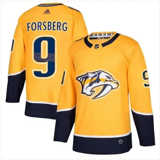 Yellow and navy Nashville Predators hockey jersey with Forsberg 9 on the back