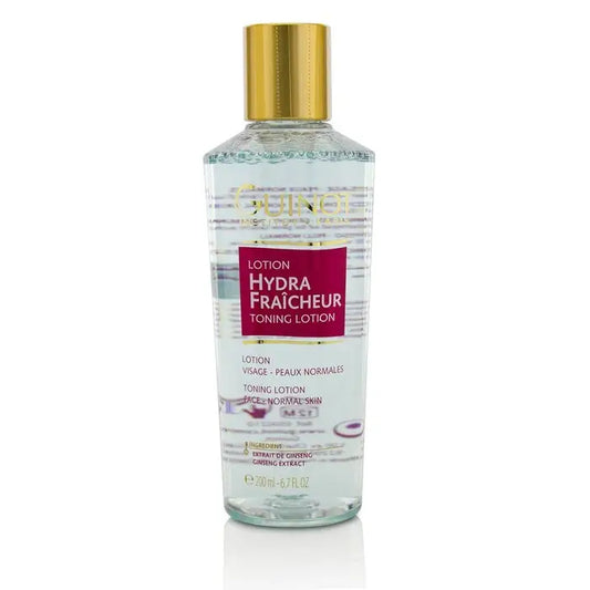 Clear bottle of face toning lotion with a gold cap for Refreshing Toning Lotion 200ml