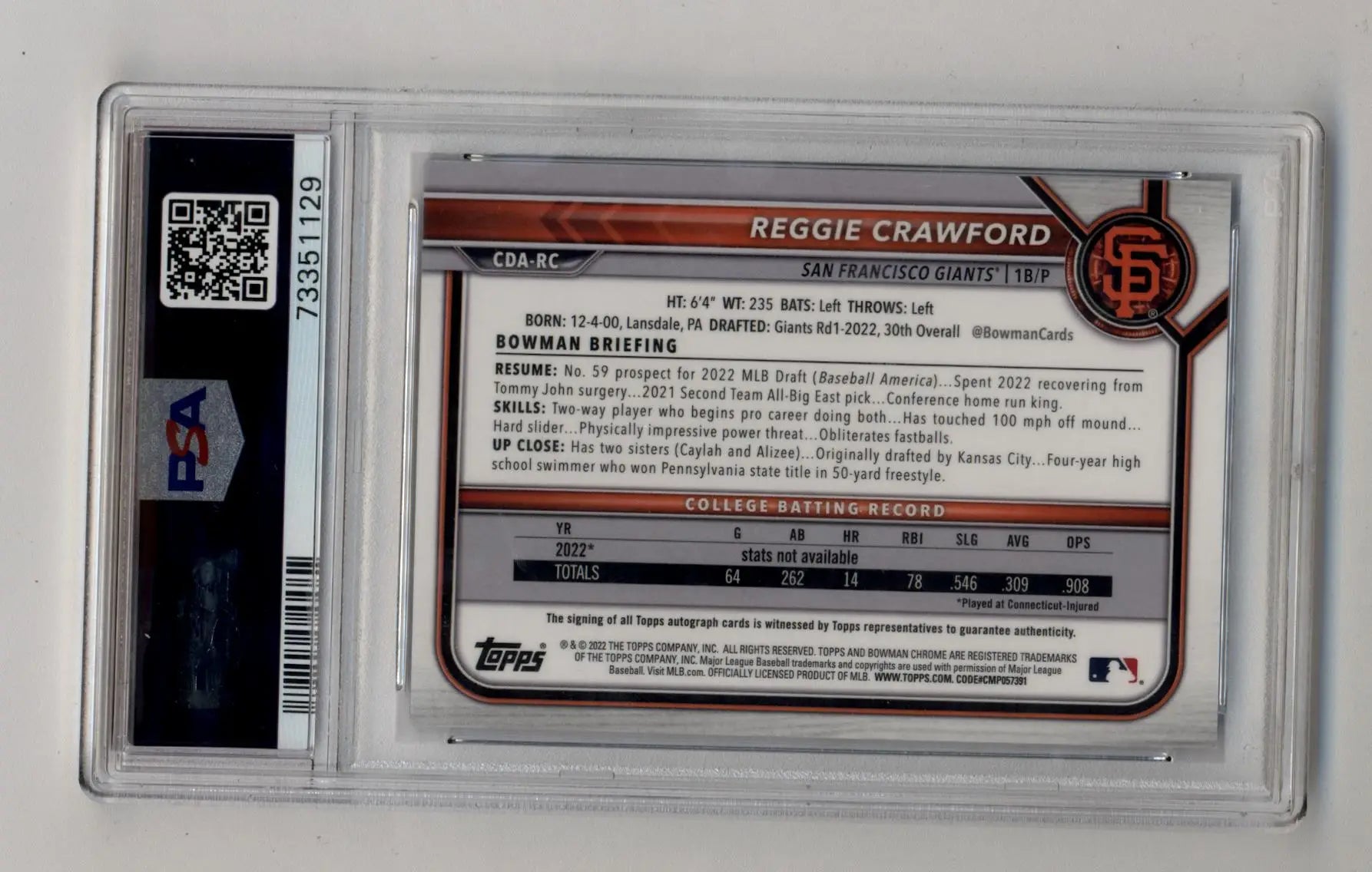 Reggie Crawford 2022 Bowman Chrome Draft Prospects Blue Refractor Auto in PSA 10 slab