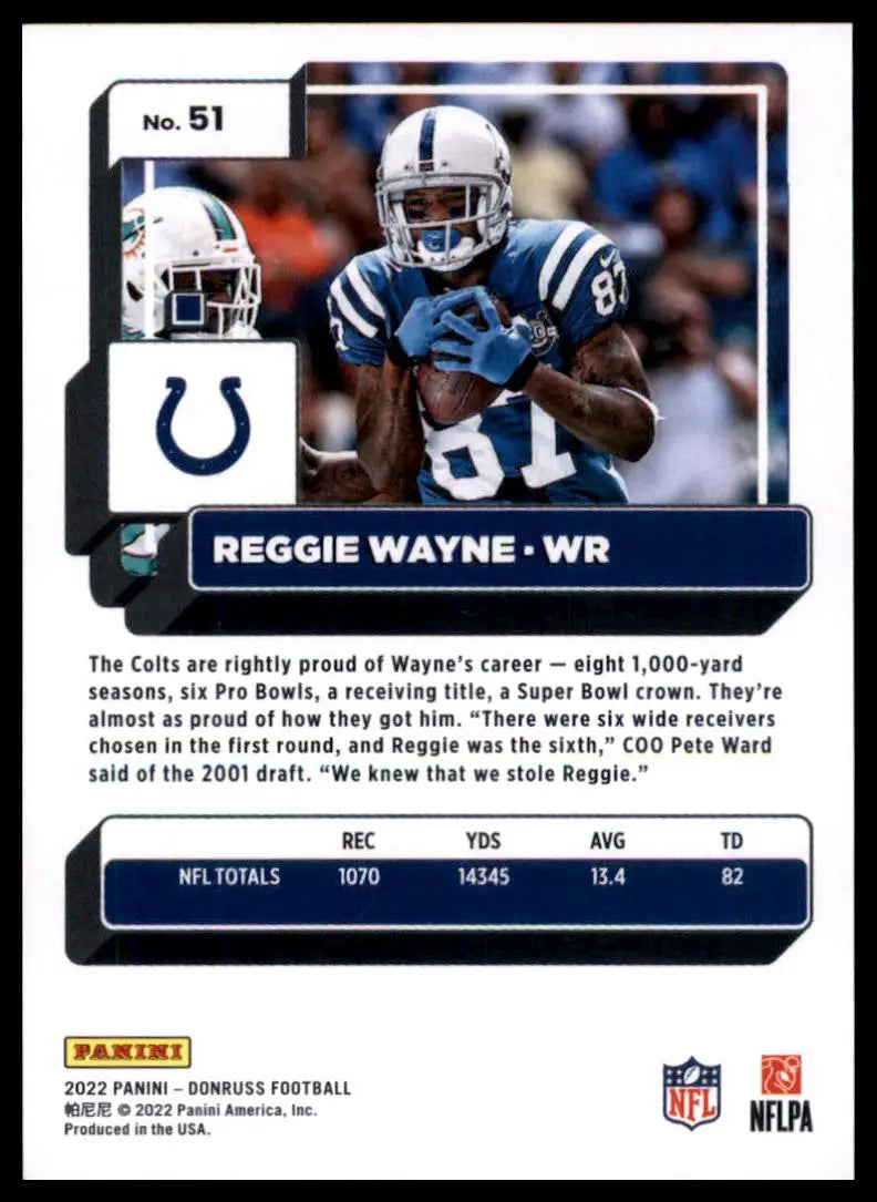 Reggie Wayne football card from 2022 Donruss series featuring Indianapolis Colts player
