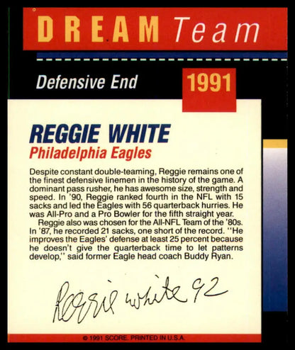 Reggie White football card from 1991 Score #344 featuring Philadelphia Eagles player