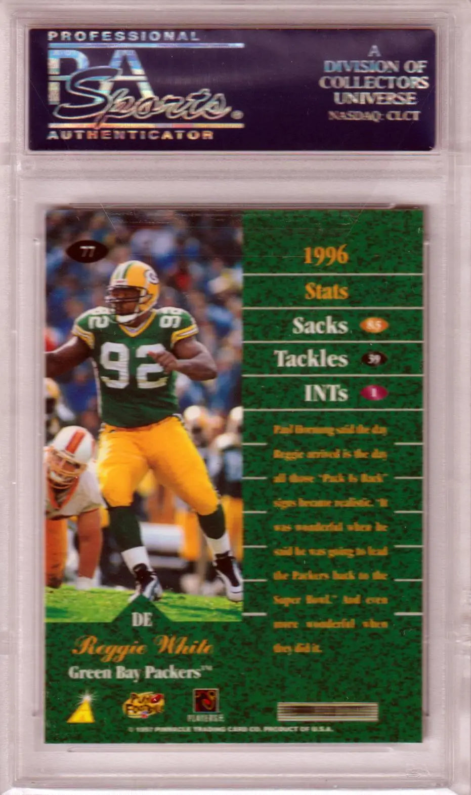 PSA-graded Reggie White 1997 Pinnacle Zenith football card in Packers uniform