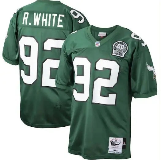 Green Reggie White Philadelphia Eagles NFL jersey with number 92 and R WHITE on back