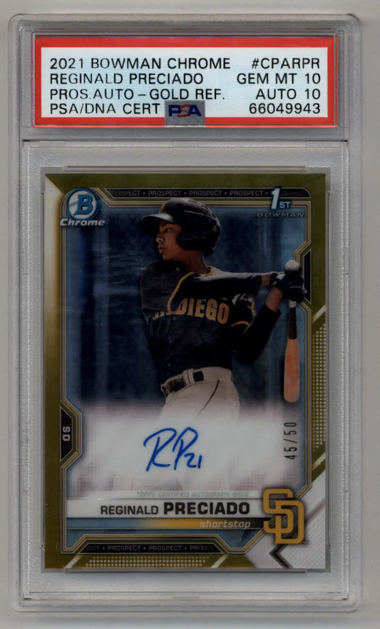 PSA-graded Reginald Preciado 2021 Bowman Chrome Prospects Gold Refractor Auto card