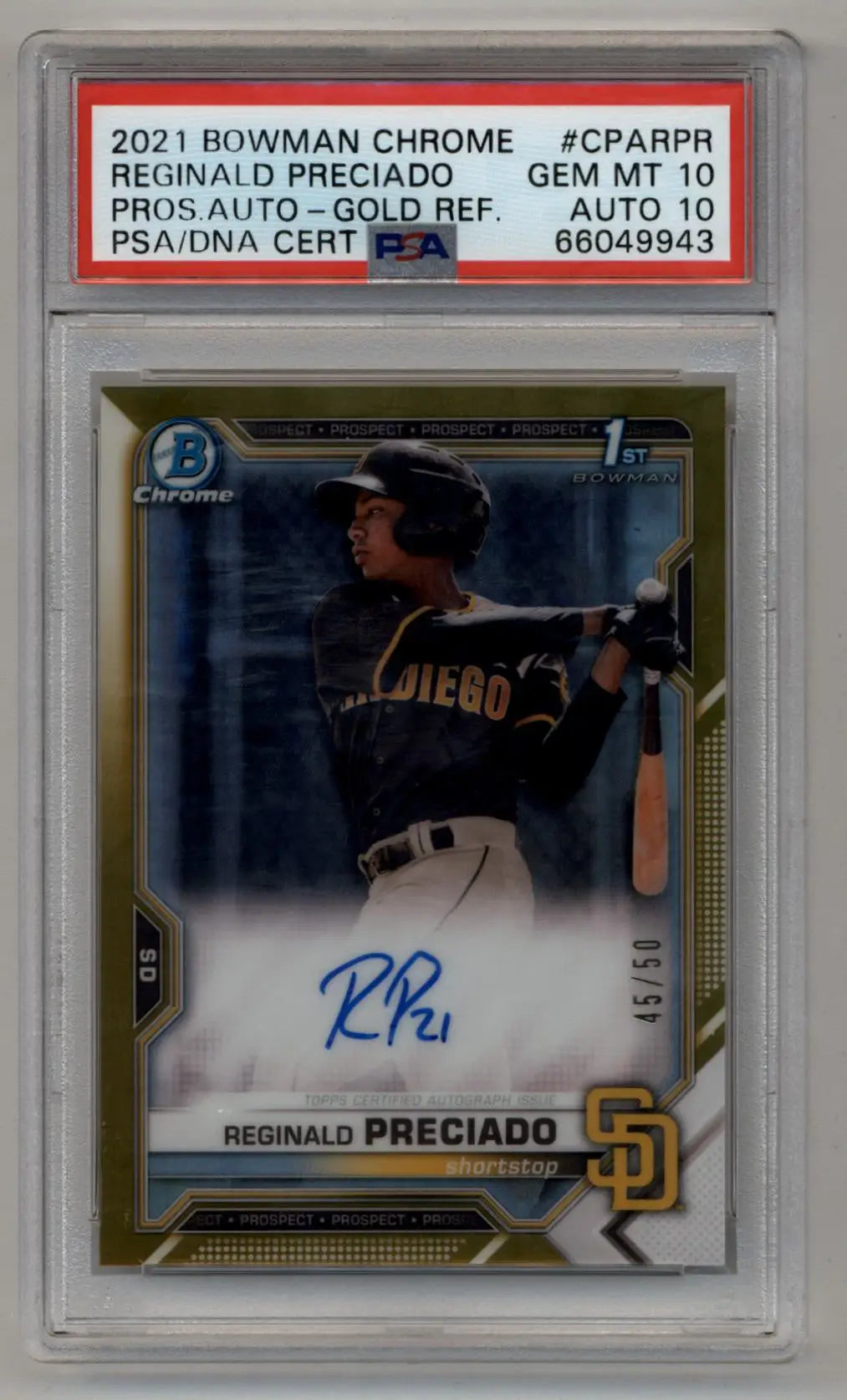 Reginald Preciado 2021 Bowman Chrome Prospects Gold Refractor Auto 45/50 PSA 10 Gem Mint Auto 10 - Singles