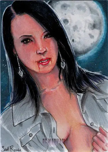 Portrait of a woman with long dark hair on a moonlit background in Scott Rorie sketch card