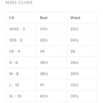 Clothing size guide with US sizes bust and waist measurements for Renee C Jersey Wrap Dress