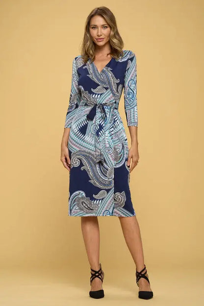 Navy blue jersey wrap dress with paisley pattern, V-neck, three-quarter sleeves