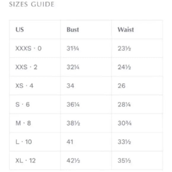 Clothing size guide with US sizes, bust, and waist for Renee C Sleeveless Ruched Dress