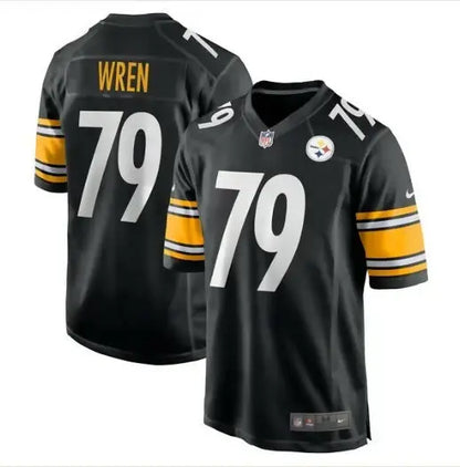 Black Pittsburgh Steelers Nike Game Jersey with WREN and 79 in yellow and white lettering