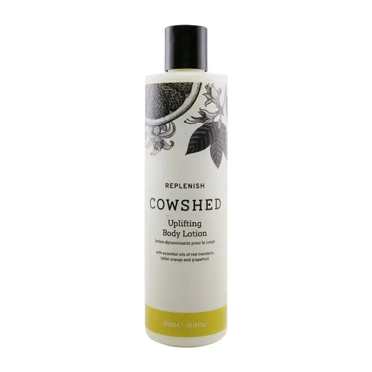 White bottle of Cowshed Replenish Uplifting Body Lotion with black cap