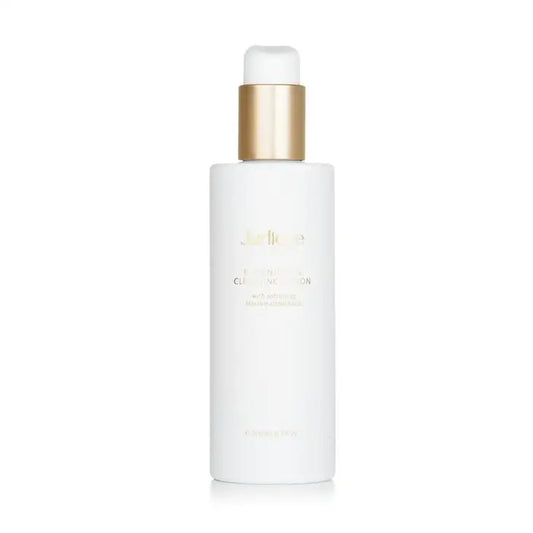 White lotion bottle with a gold pump for Replenishing Cleansing Lotion with Marshmallow Root