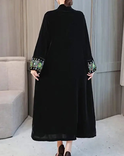 Retro 1920s style black velvet long coat with embroidered cuffs in size medium