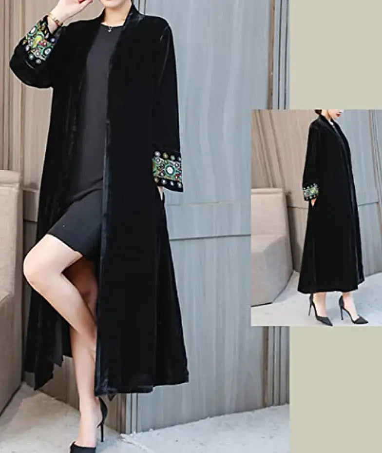 Black velvet long cardigan with embroidered cuffs in retro 1920s style, size medium