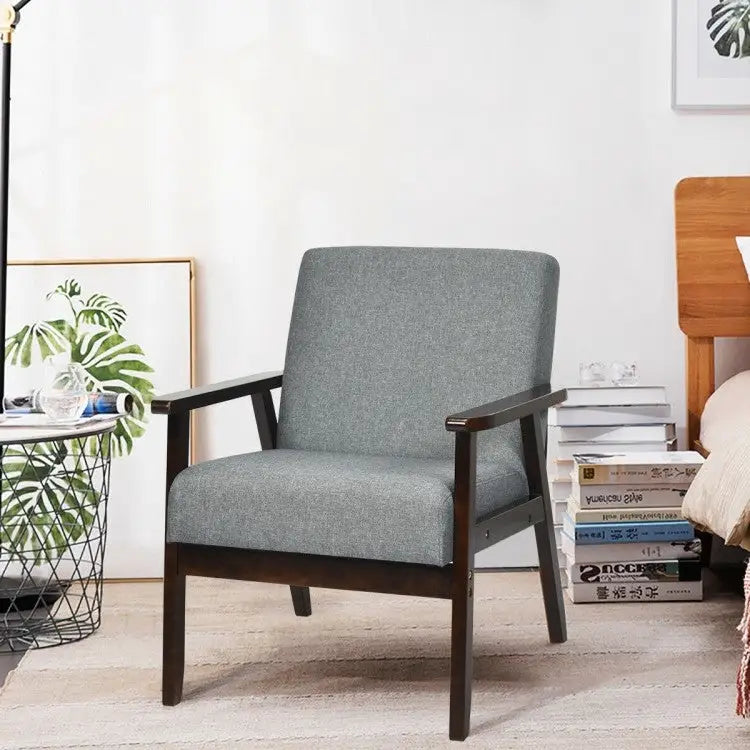 Retro Modern Classic Grey Linen Wide Accent Chair with Espresso Wood Frame - Living Room > Accent Chairs