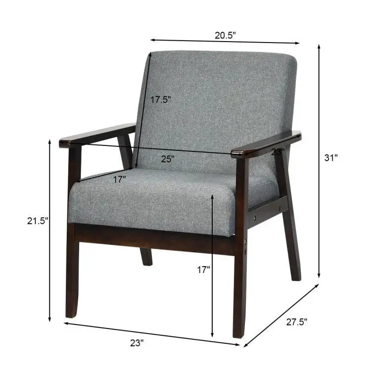 Retro Modern Classic Grey Linen Wide Accent Chair with Espresso Wood Frame - Living Room > Accent Chairs
