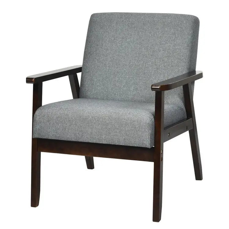 Retro Modern Classic Grey Linen Wide Accent Chair with Espresso Wood Frame - Living Room > Accent Chairs