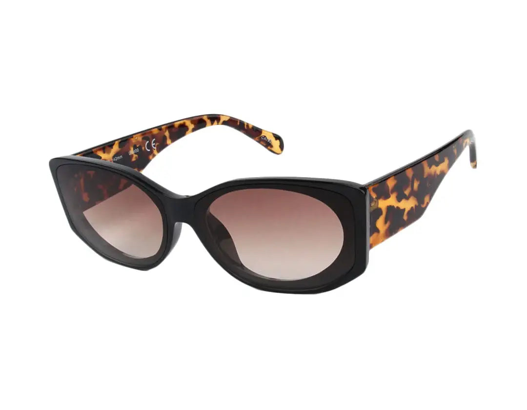Retro sunglasses featuring black and tortoiseshell cat-eye frames with brown gradient lenses