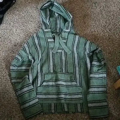 Green and white striped Baja hoodie with front pocket, size medium Retrofit Surfer Pullover