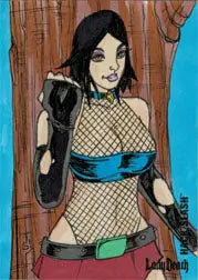 Stylized illustration of a woman in fishnet and blue clothing on a sketch card