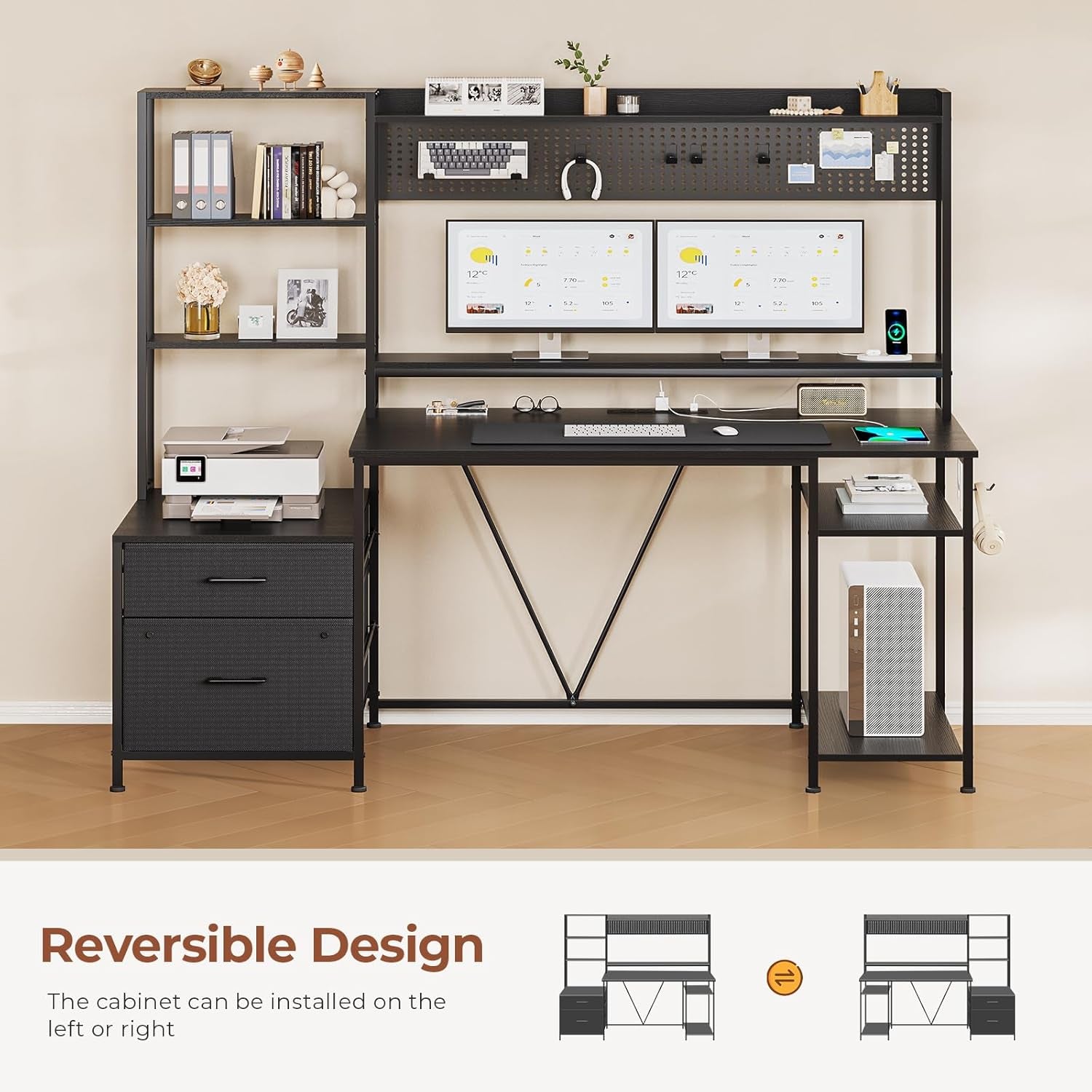 Reversible Gaming Desk with Power Outlets and LED Light-4