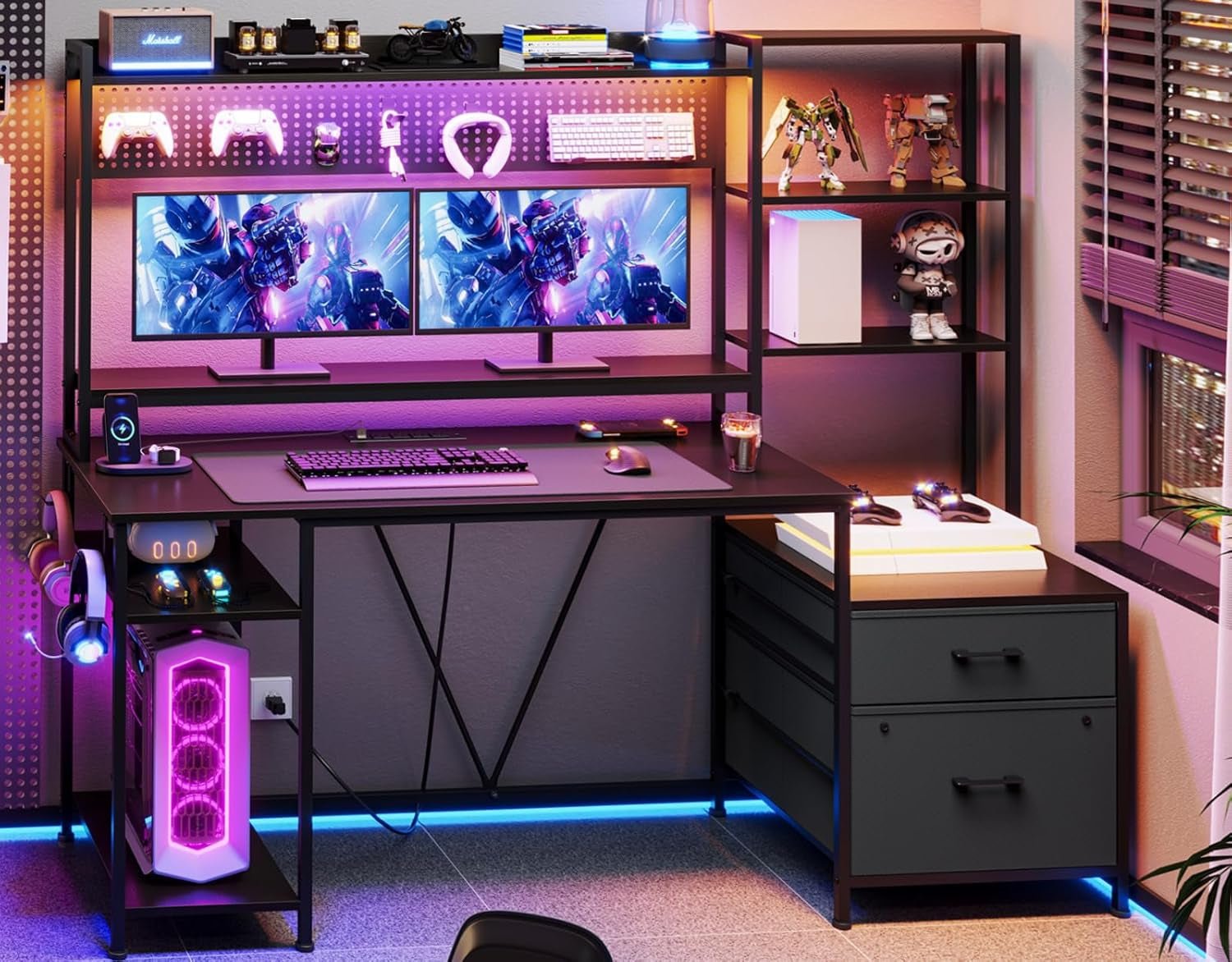 Reversible Gaming Desk with Power Outlets and LED Light-0