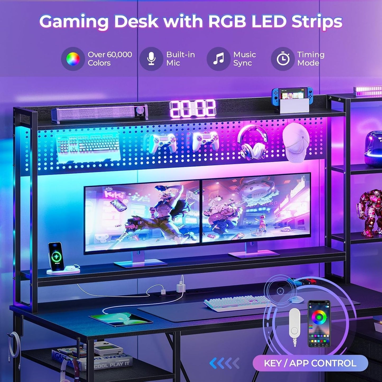 Reversible Gaming Desk with Power Outlets and LED Light-3
