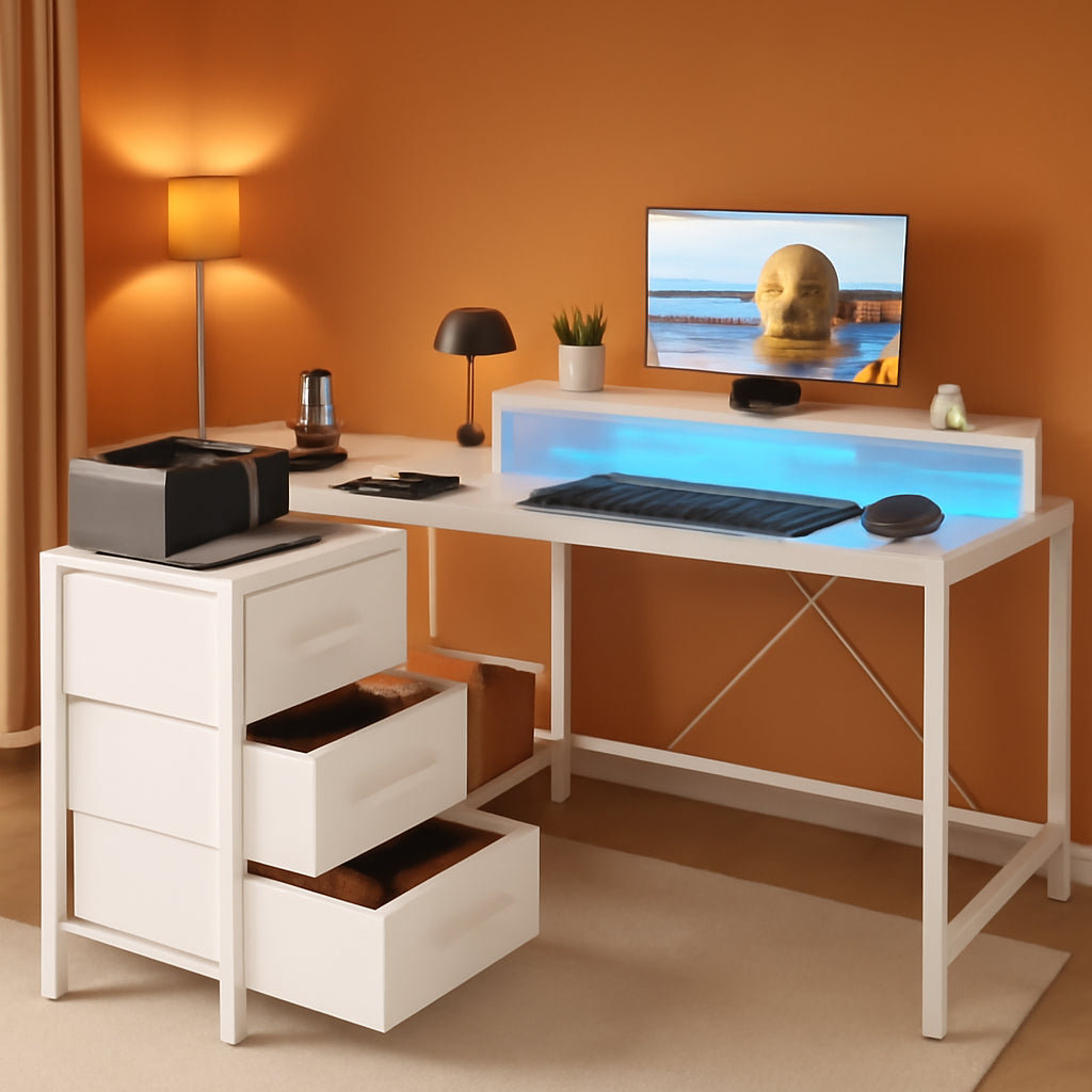 Reversible L Shaped Desk with LED Lights and Power Outlet-0