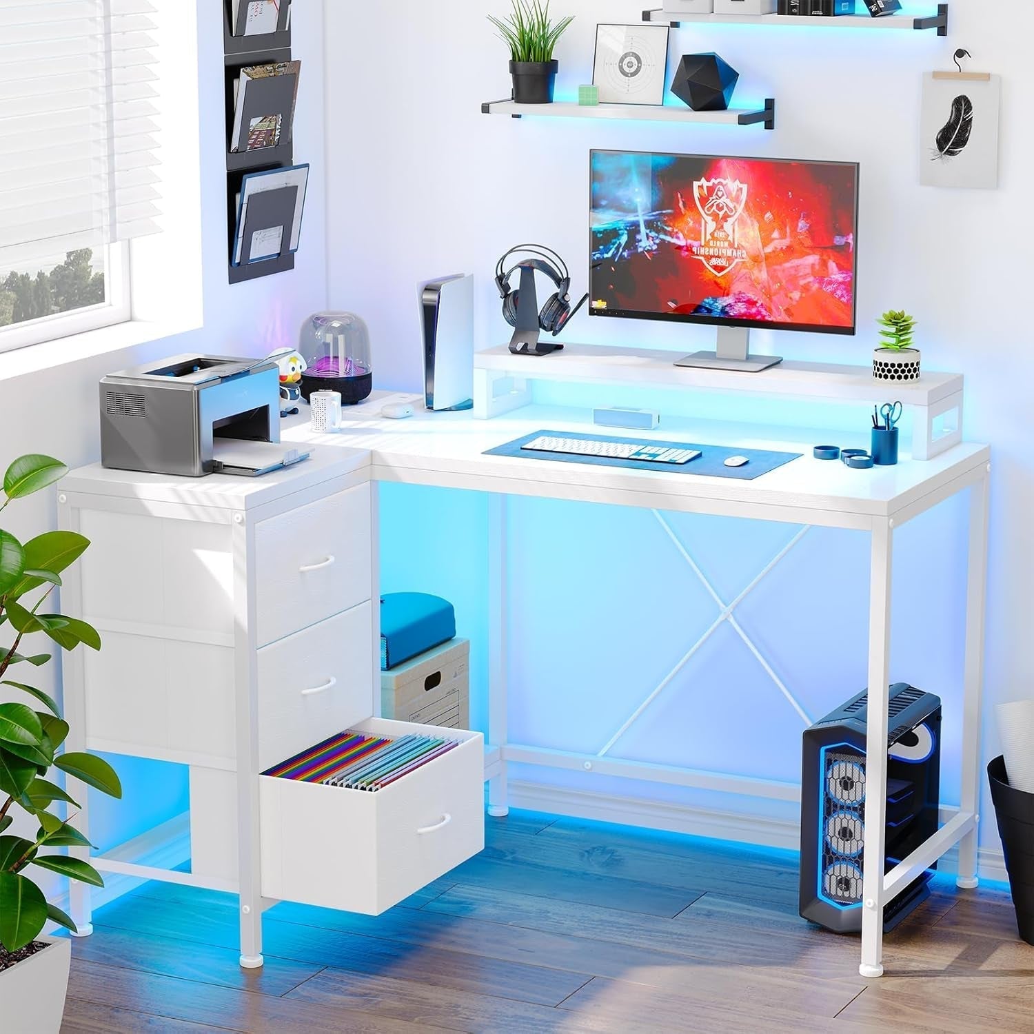 Reversible L Shaped Desk with LED Lights and Power Outlet-1