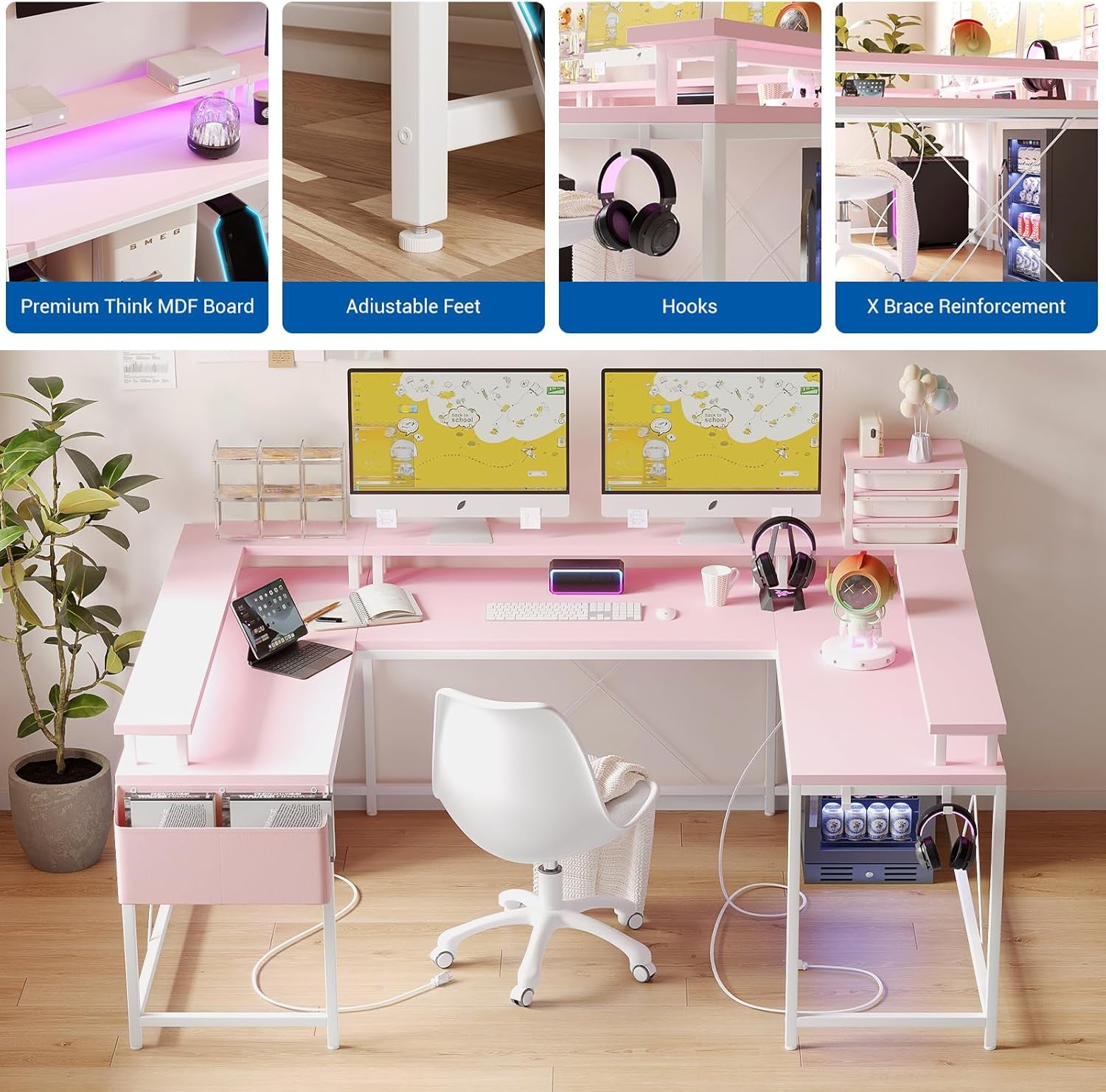 Reversible U Shaped Office Desk with RGB LED Lights-3