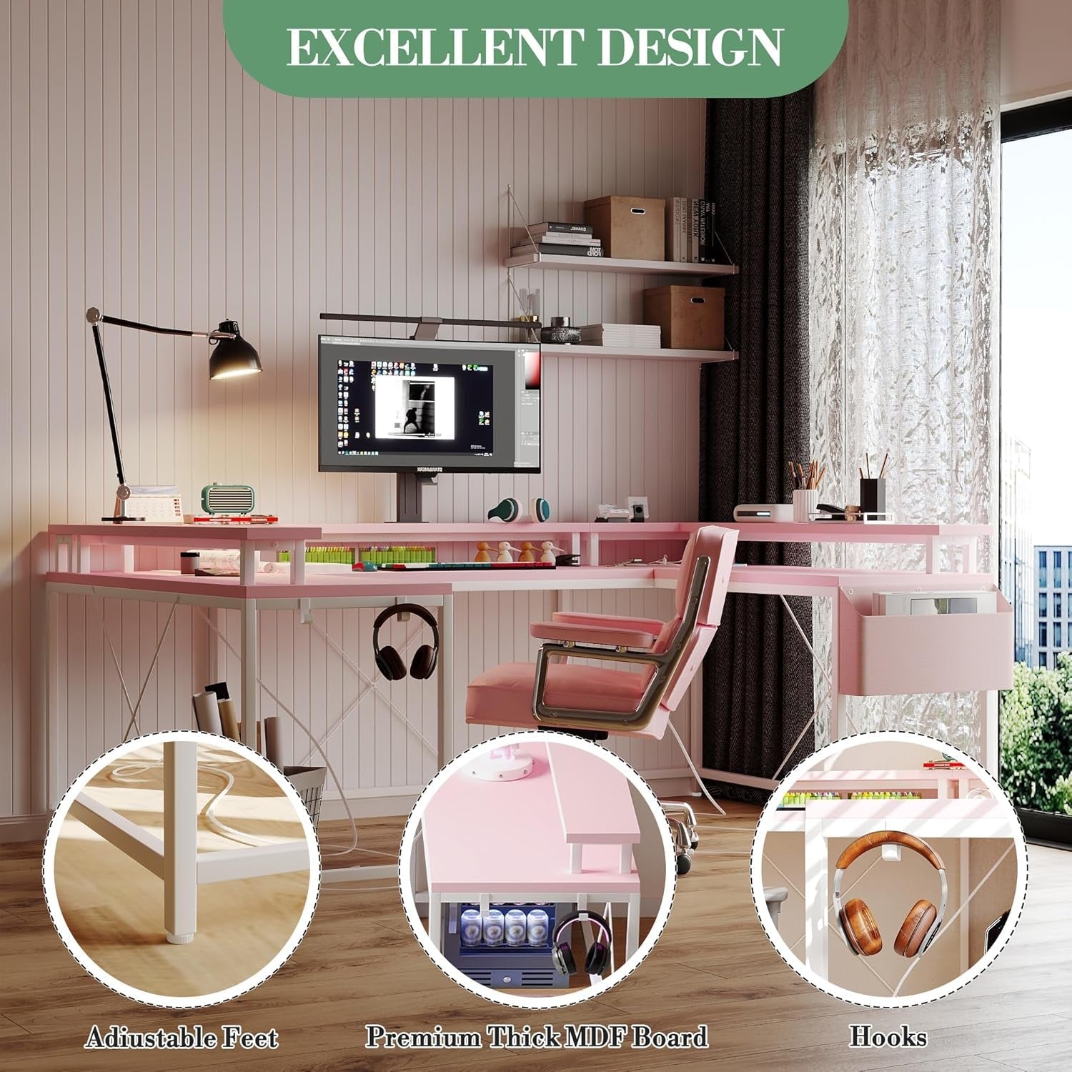 Reversible U Shaped Office Desk with RGB LED Lights-4