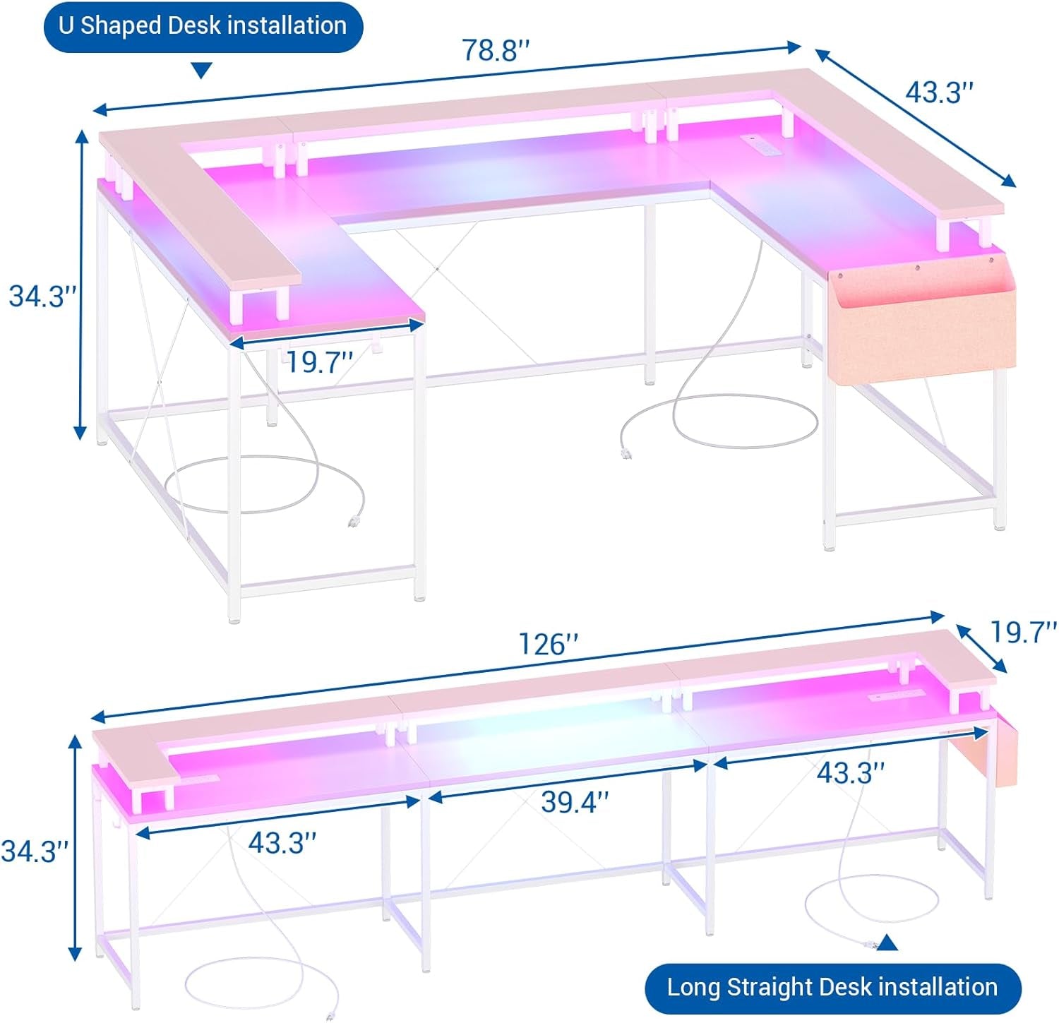 Reversible U Shaped Office Desk with RGB LED Lights-2
