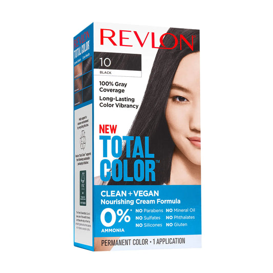 Revlon Total Color permanent hair dye in black for 100% gray coverage and vibrant hair color