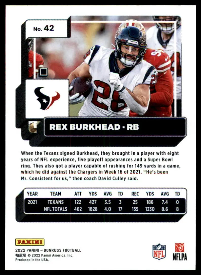 Rex Burkhead football card from 2022 Donruss Houston Texans series