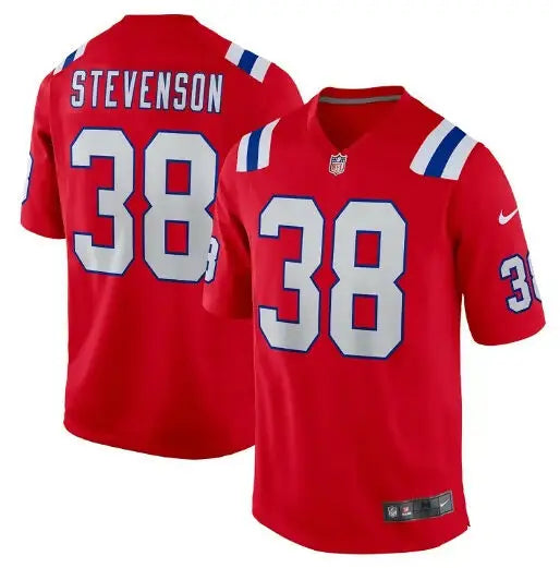 Red Rhamondre Stevenson New England Patriots Nike Game Jersey with number 38 and Stevenson on back