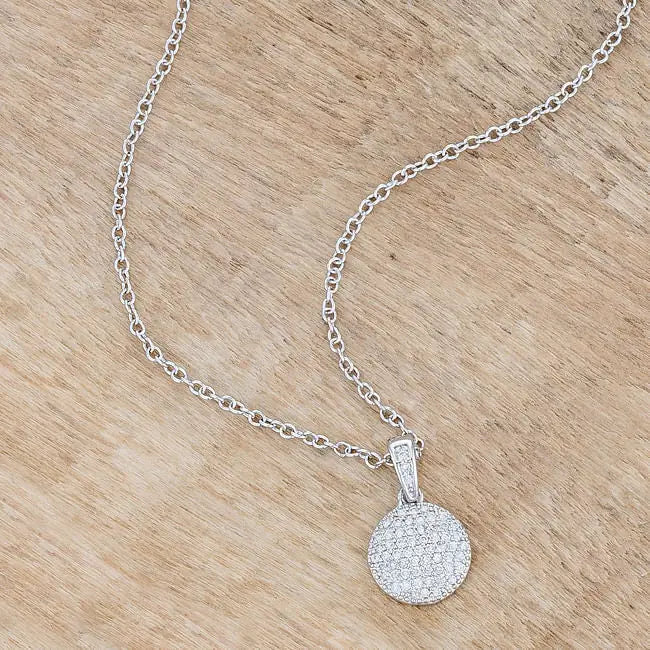 Rhodium Necklace with CZ Disk Pendant - Necklace