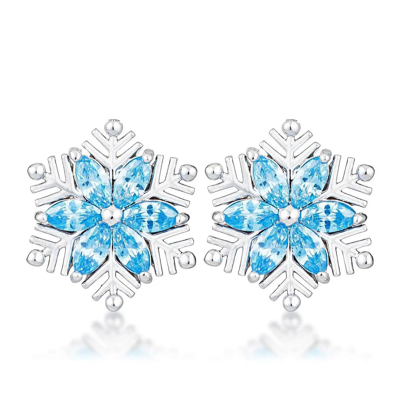Rhodium Plated Aqua Blue Marquise Snowflake Earrings - Earrings