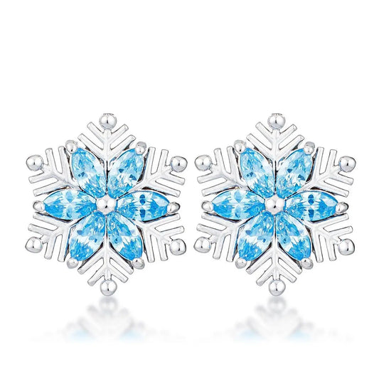 Rhodium Plated Aqua Blue Marquise Snowflake Earrings - Earrings