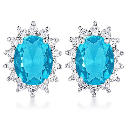 Rhodium Plated Aqua Blue Petite Royal Oval Earrings - Earrings