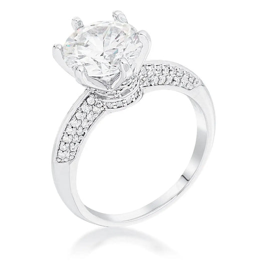 Rhodium Plated Clear CZ Round Solitaire Quad Micropave Ring - Rings