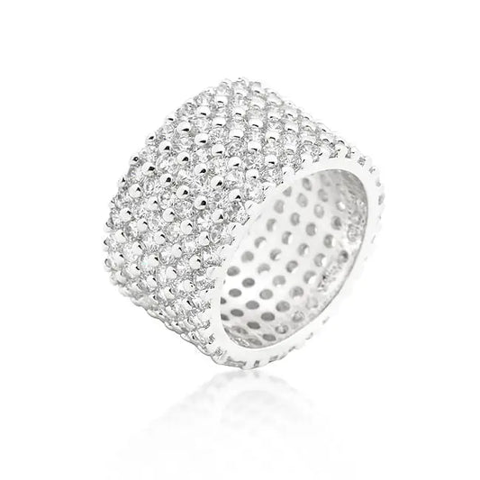 Rhodium Plated Finishd Wide Pave Cubic Zirconia Ring - Rings